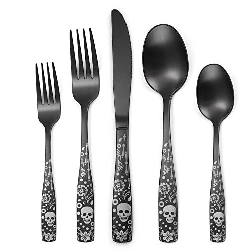 40-Piece Gothic Black Flatware Set for 8 with Skull & Skeleton Pattern - Matte Silverware