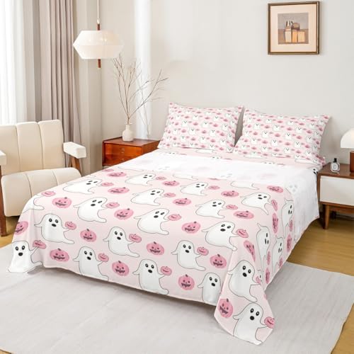 Pearl Pink Happy Halloween Kids Bed Sheets Set Twin Size with Fitted & Flat Sheets