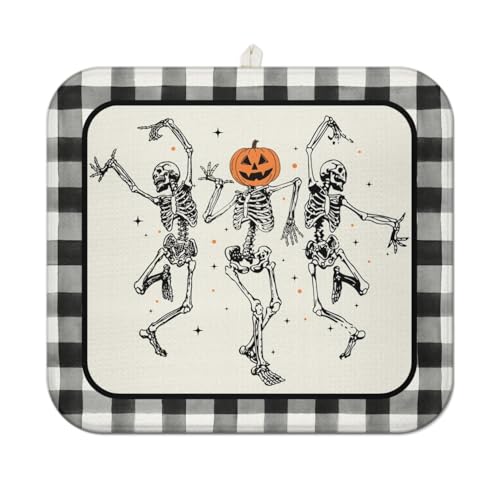 Halloween Skeleton Dish Drying Mat for Kitchen Counter, 16x18 Inches, Black & White Buffalo Plaid