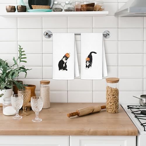 Fall Tuxedo Cat Pumpkin Hand Dish Towels Set of 2 - Halloween Kitchen Decor