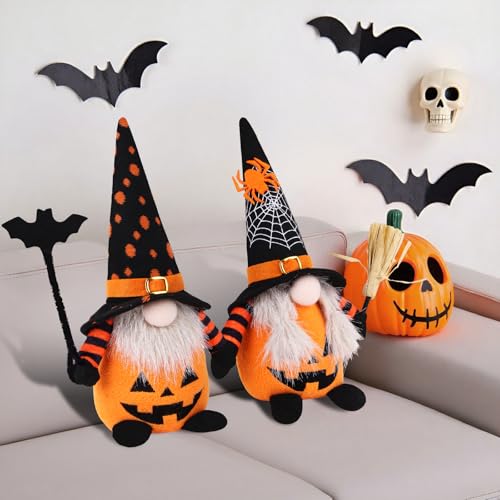 Halloween Gnome Decorations - 2 Plush Scandinavian Elf Ornaments, Handcrafted Pumpkin Bat Design, Variation of THIS listing