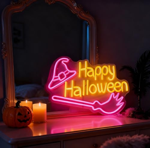 Happy Halloween Neon Sign - Pink Witch Hat & Broom LED Decor - 16.5x11 in - USB Powered - Variation of THIS listing