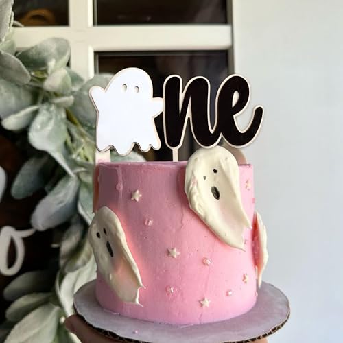 Ghost Cake Topper with Stars and Heart - Halloween First Birthday Decoration - Black & White Variation