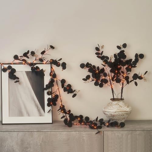 Halloween Tree Branches with Lights - 2ft 8in Black Eucalyptus with Timer, Orange & Warm White LED for Mantle Decor
