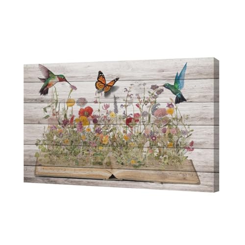 Rustic Hummingbird Wall Art Canvas Print - Farmhouse Flower Butterfly Decor, 24x16 Inches, Framed