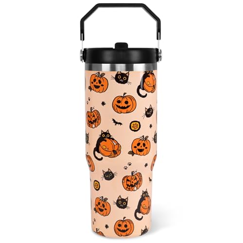 Halloween Black Cat Pumpkin Tumbler with Lid & Straw 30oz - Spooky Fall Gift