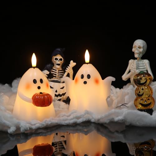 A-2 Ghost Pumpkin Flameless Candles with Timer Hand-Painted Halloween Decor
