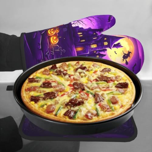 Halloween Purple Castle Oven Mitts and Pot Holders Set - Witch Bat Ghost Heat-Resistant Kitchen Gloves, 11"L x 7"W