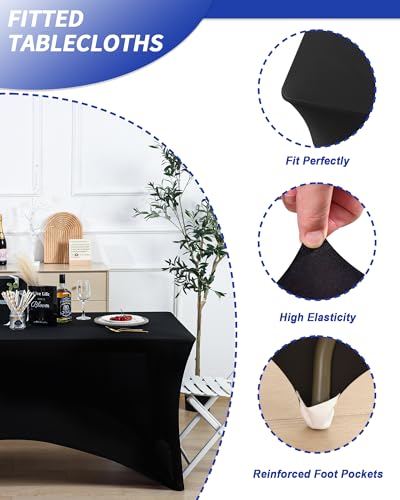 Fixwal 6ft Black Spandex Fitted Table Cover - Pack of 6, Rectangle, Stretchy & Wrinkle-Resistant, For Event & Party Use