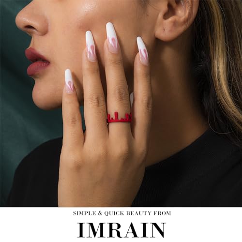 IMRAIN Long Square Press-On Nails with Rhinestones & Gold Bow Charms - Red Fake Nails C-27Red Gold