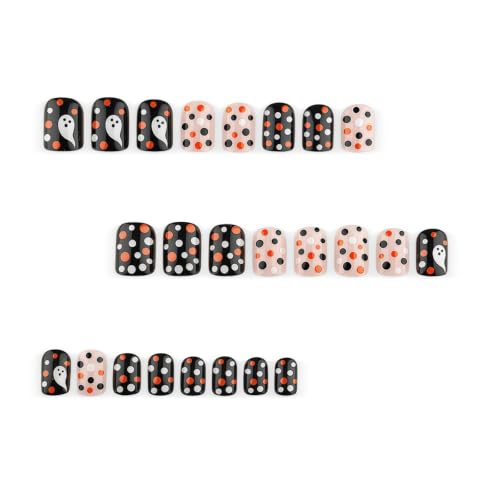 Halloween Short Square Press On Nails with Ghost Polka Dots - Style-14, 24Pcs