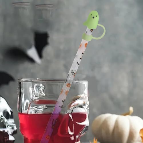 Luminous Halloween Ghost Straw Covers Set for 30 & 40 Oz Tumblers - Silicone Drink Topper