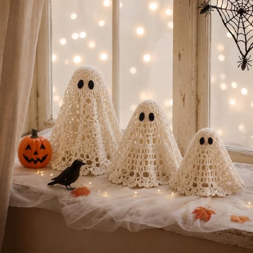 Halloween Ghost Decor Set - Crochet Lace Primitive Figurines with Wooden Bases, Spooky Cute Home Decoration