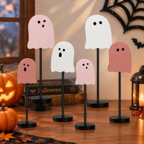 Pink Ghost Halloween Wooden Signs Set - Cute Spooky Tiered Tray Decor, 6 Pieces