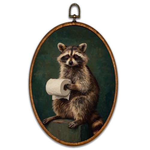 Funny Raccoon Wall Art - Toilet Paper Bath Oval Canvas Decor 8.6x11.4 inches - Raccoon Variation