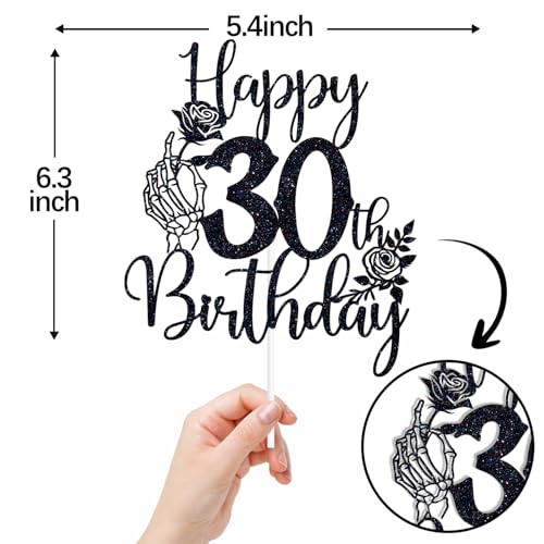 Gothic 30th Birthday Cake Topper Skeleton Hand Rose Glitter Decor