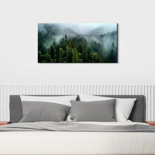Misty Green Mountain Forest Wall Art - 20x40 Inch Canvas Landscape Decor - Variation of 40L x 20W / Green Forest