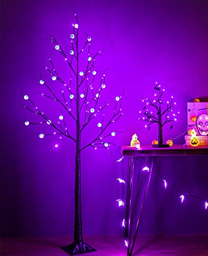 6FT Black Lighted Halloween Tree with 96 LED Purple Lights & Eye Ornaments