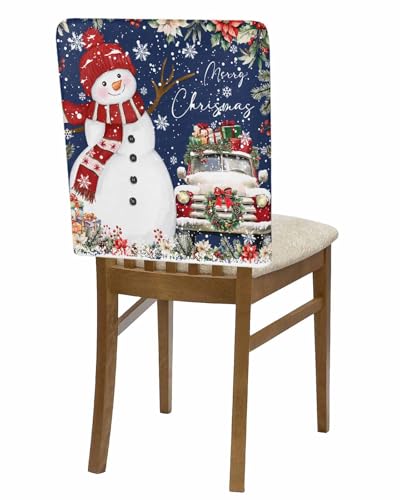 4 Pcs Navy Blue Christmas Snowman Chair Covers for Dining Room - Xmas Truck & Poinsettia Linen Protectors