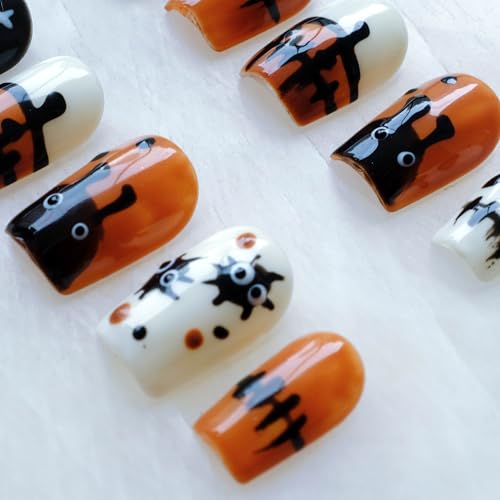 Halloween Press On Nails Short Square False Nails - Handmade Festive Orange Black M