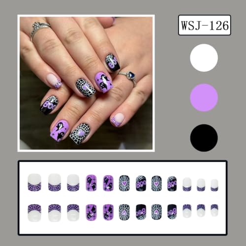 Halloween Short Square Press-On Nails Set with Ghost & Web Designs - Style 2