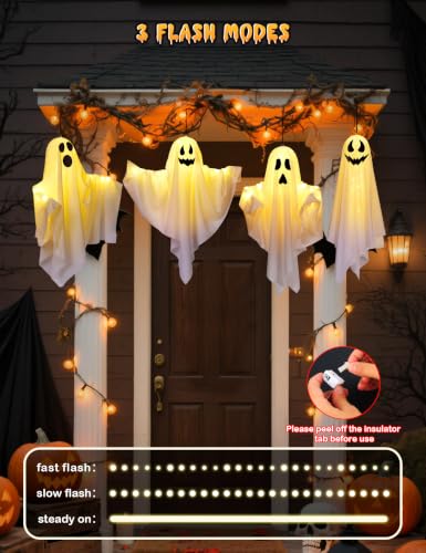 Halloween Hanging Ghost Decorations - 4 Pack Outdoor Indoor Light-Up Spooky Yard Party Decor