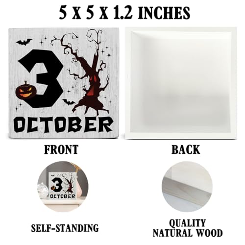 Halloween Wooden Sign Decor - 5x5 Inch Spooky Ghost Theme Table or Wall Sign