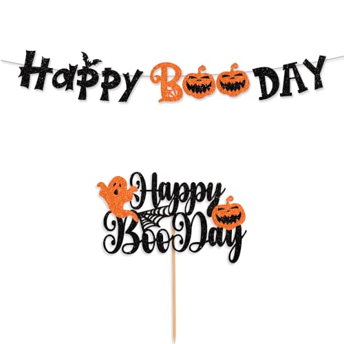 Halloween Banner and Cake Topper Set - Glitter Black Happy Boo Day Decorations