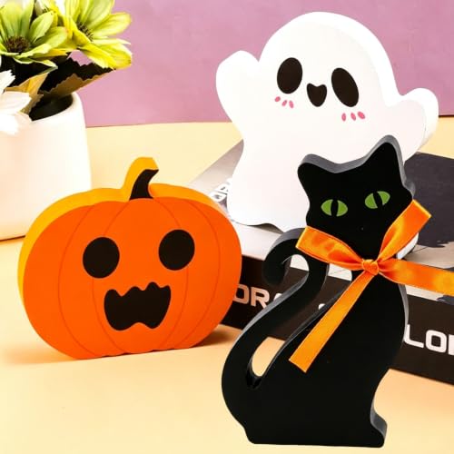 3-Piece Indoor Halloween Tabletop Decor Set - Cute Ghost, Pumpkin & Black Cat Signs
