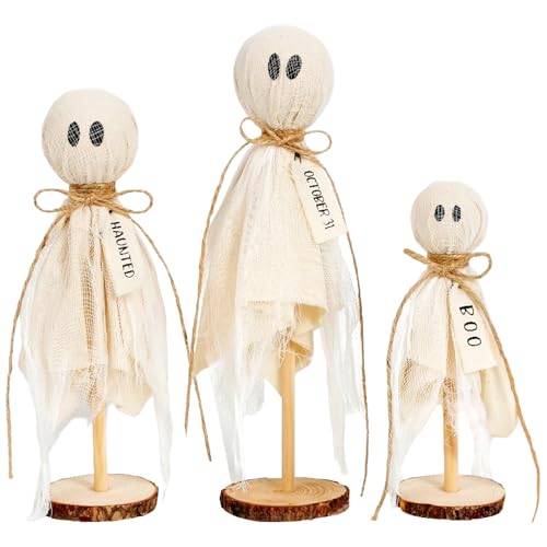 Set of 3 Rustic Wooden Ghost Halloween Decorations for Centerpiece and Mantel