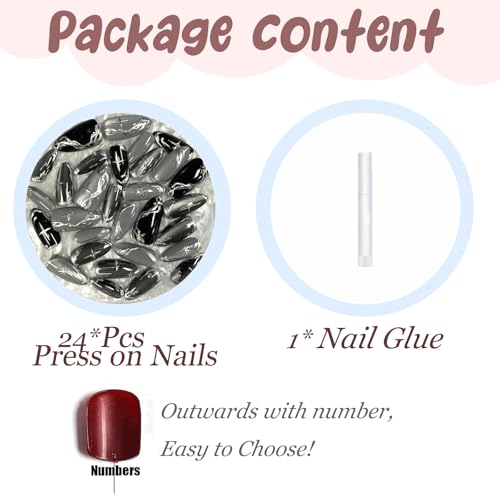 BABALAL Medium Almond Black Cat Eye Chrome Fake Nails - Silver Gothic Y2k Star, 30Pcs - Variation BFNZ013