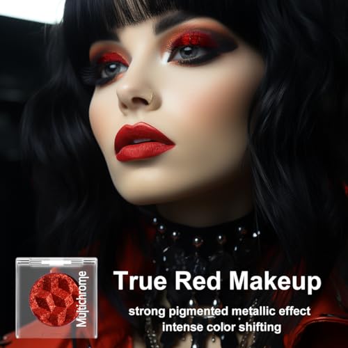 Red Glitter Eyeshadow Palette - True Red #R1, Multi-Dimensional Chrome & Holographic Shimmers, Long-Lasting Waterproof Makeup