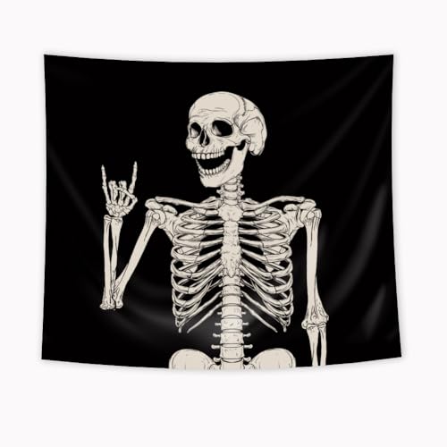 Skull Skeleton Wall Tapestry - Gothic Black & White Halloween Home Decor - 51x59 Inches