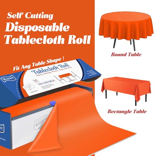 Disposable Plastic Table Cover Roll 54x1440 Inches with Cutter - Orange, Party & Picnic Use