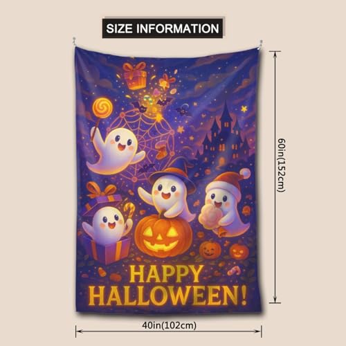 Halloween Tapestry Wall Hanging 60x40 Inches - Cute Ghost Pumpkin Castle Decor - Kid-Friendly Party Backdrop - Variation: Halloween / 60"L x 40"W