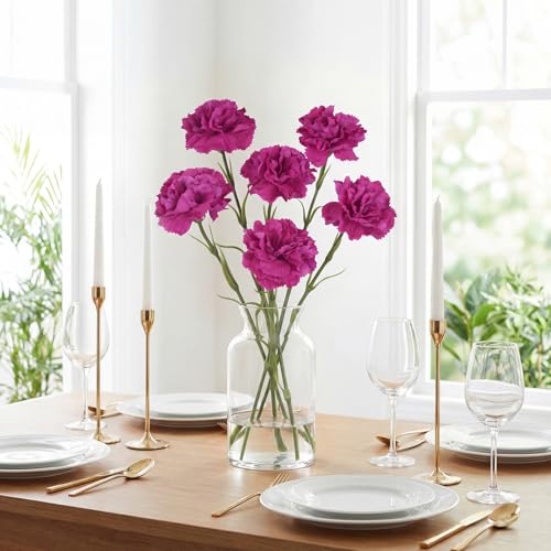 Artificial Carnations Flowers Set - Real Touch Long Stems 20'' Rose Red - Wedding & Home Decor