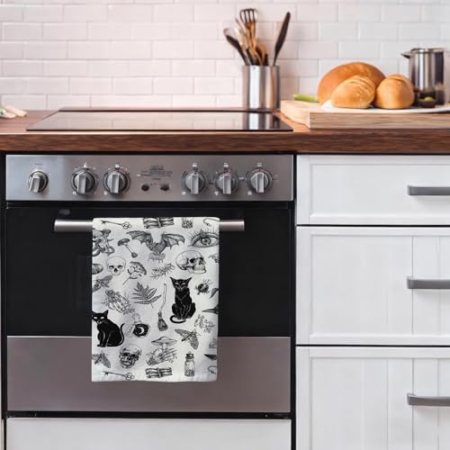 Witchy Gothic Kitchen Towels Set of 2 - Celestial & Cat Design, 16x24 Inches