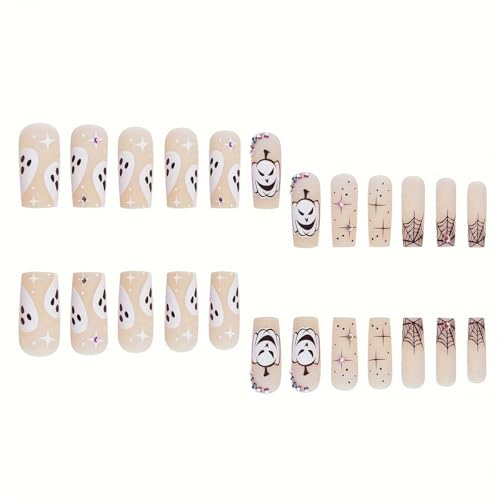 Halloween Press On Nails Set - Medium Square Fake Nails with Pumpkin Spider Web Ghost Star Designs, Reusable Glossy Nude Acrylic Nails for Women, Variant 17