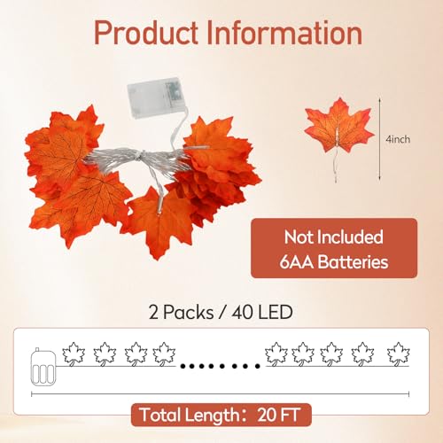 Waterproof Fall Maple Leaf String Lights 20Ft 40 LED Battery Operated Indoor Outdoor Halloween Thanksgiving Decor