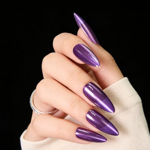 Cat Eye Press On Nails Medium 321 Purple Glitter - Reusable Fake Nails Kit