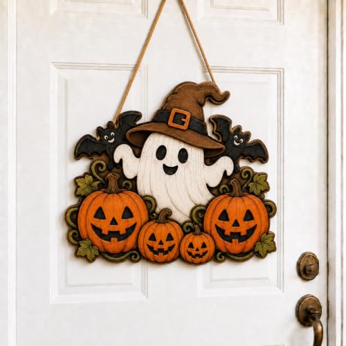 Halloween Ghost Door Hanger - Wooden Witch Hat Pumpkin Wreath Sign - Ghost Witch Pumpkin Variation