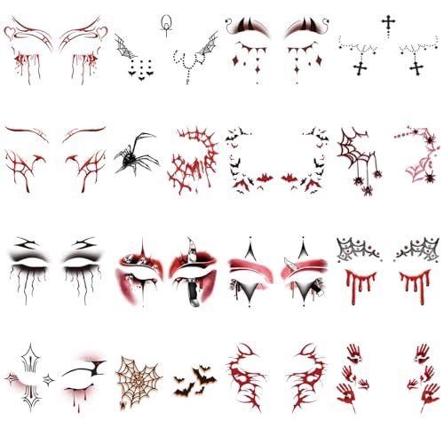 Halloween Scary Face Tattoo - 16 Sheets Spiders Web Bats Skulls Blood Designs for Men Women Cosplay Party