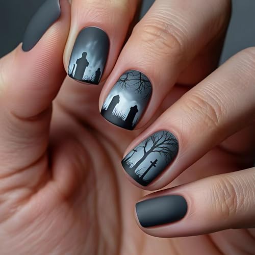 Halloween Press On Nails Graveyard Tombstone Short Square Spooky Cemetery Design - Variation 2793