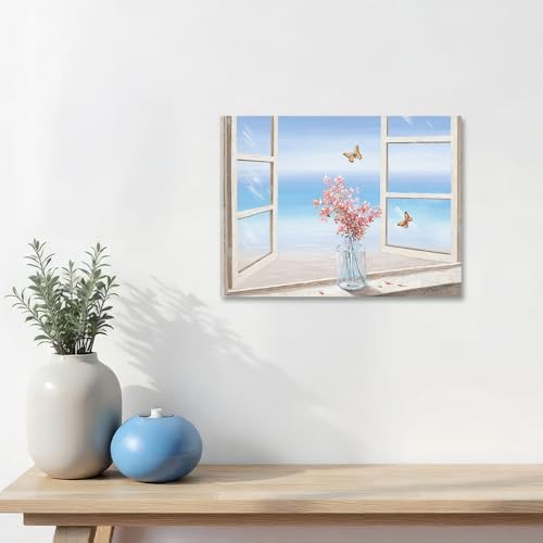 Pink Floral Bathroom Wall Art Canvas with Ocean View Window - 16x12in - Wall Decor