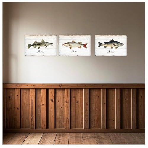 Fish Wall Art Canvas Prints 12x16 Inches - Rustic Bass Fish Decor 3-Piece