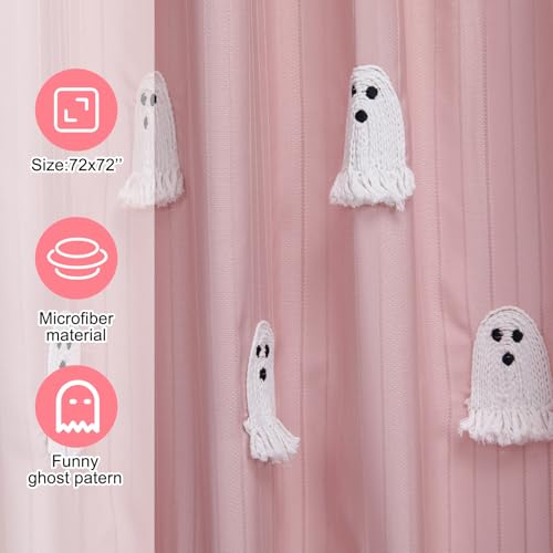 Halloween Ghost Shower Curtain Pink and White Cotton Embroidery - Cute & Spooky