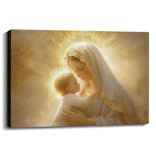 Virgin Mary Canvas Wall Art - Mother Mary Holding Baby Jesus in Gold - 18x12 Inches