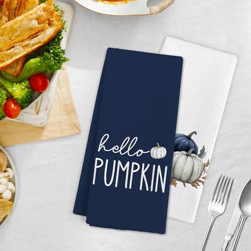 Blue Fall Pumpkin Kitchen Towels Set of 2 - Autumn Farmhouse Decor