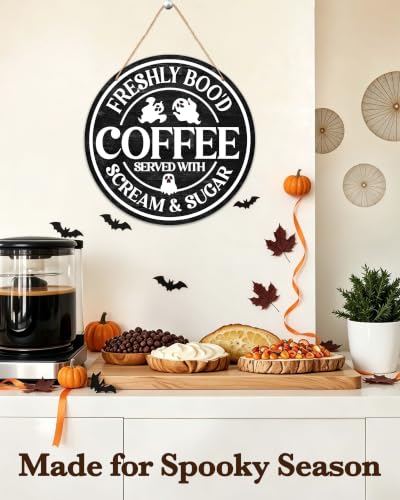 Halloween Coffee Bar Sign - Ghost Welcome Sign for Front Door, Wooden Wall Decor, Farmhouse Office Kitchen - Coffee Variation