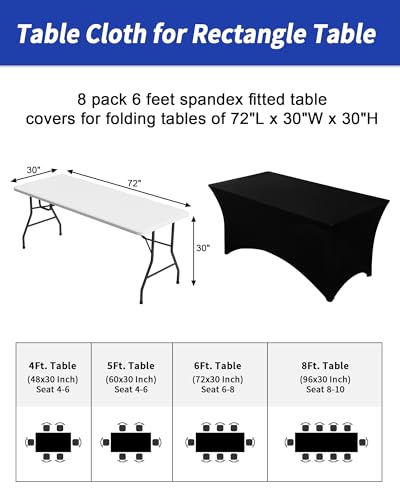 Fixwal 8 Pack 6FT Black Stretch Fitted Tablecloth for 6-Foot Tables - Premium Spandex Cover
